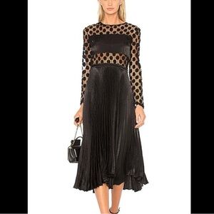 Delfi Collective Angela Midi Dress Women Sz S Black Lace Sheer‎ Accordian Pleat